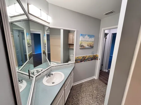 a bathroom with a sink a toilet a mirror and tub