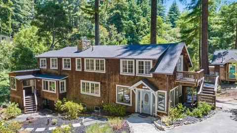 an aerial view of a house with a yard and large trees