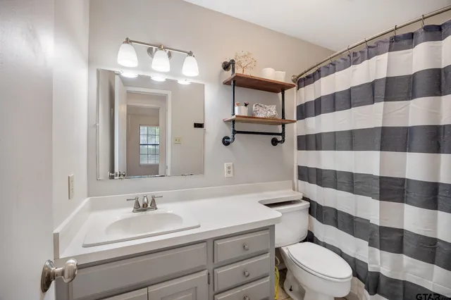 a bathroom with a sink toilet a mirror and shower