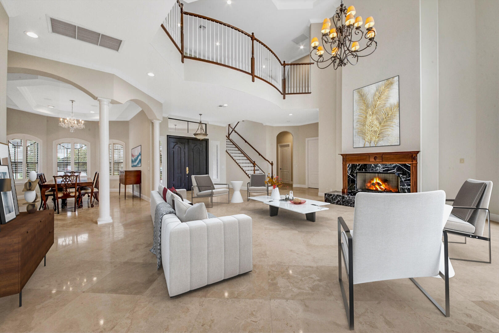 9170 Equus Circle Boynton Beach, FL 33472 - Photo 5 of 71 a living room with fireplace furniture and a chandelier