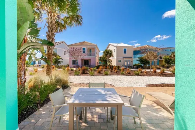 a view of a patio with swimming pool