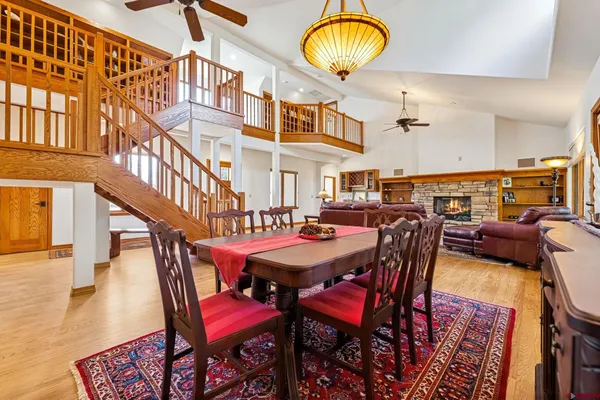 a view of a dining room with furniture