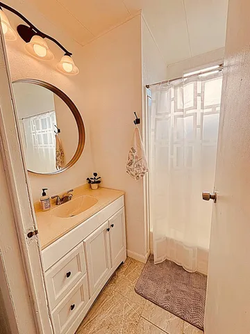 a bathroom with a sink a mirror and a shower