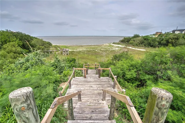 a view of a field with an ocean