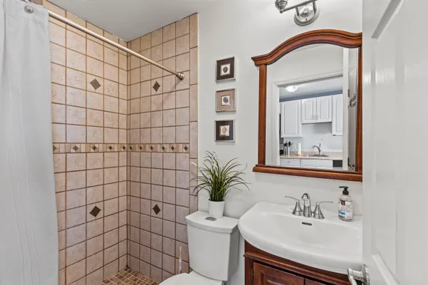 a bathroom with a sink a mirror and a shower