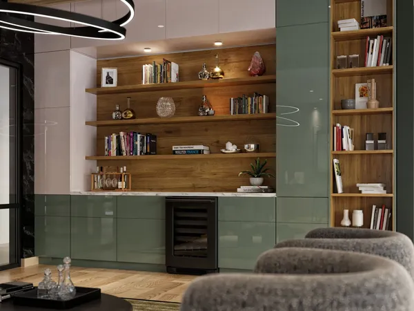 a view of a livingroom with shelves