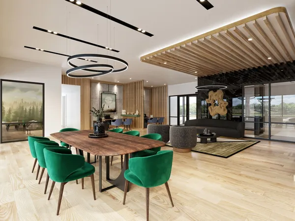 a view of a dining room with furniture and wooden floor