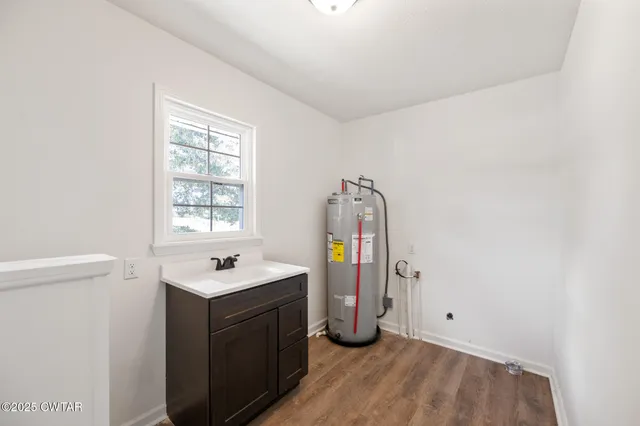 a view of a big yard with potted plants and large tree
