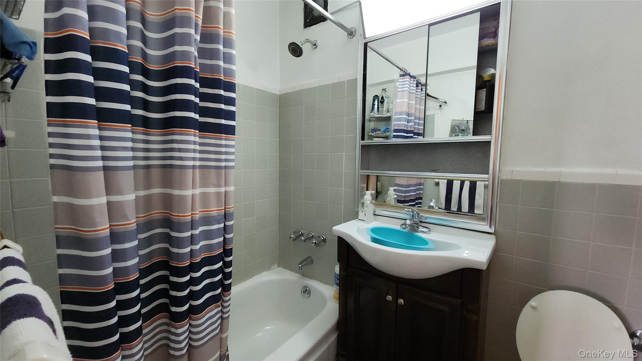 99-10 60th Avenue, Unit 3H Queens, NY 11368 - Photo 4 of 25 a bathroom with a sink a toilet and shower curtain