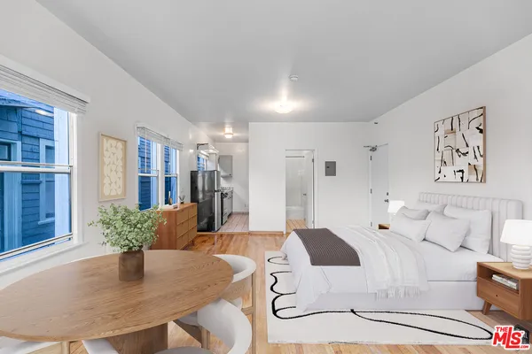 a living room with furniture potted plant