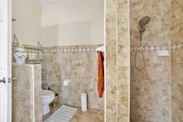 a bathroom with a shower and a toilet