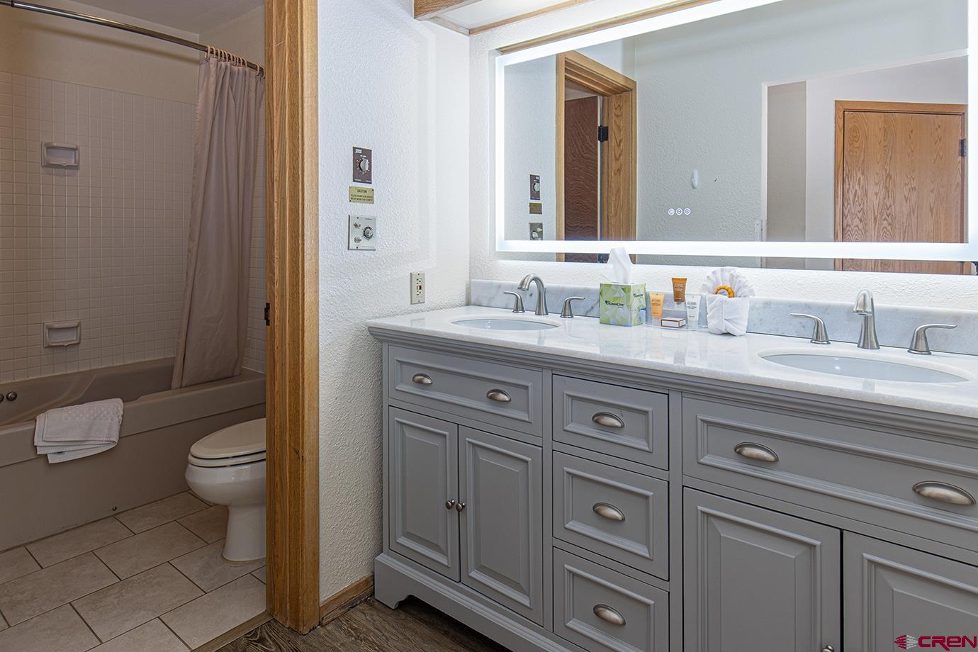 93 Needles Way, Unit 514 Durango, CO 81301 - Photo 20 of 34 a bathroom with a granite countertop toilet sink and mirror