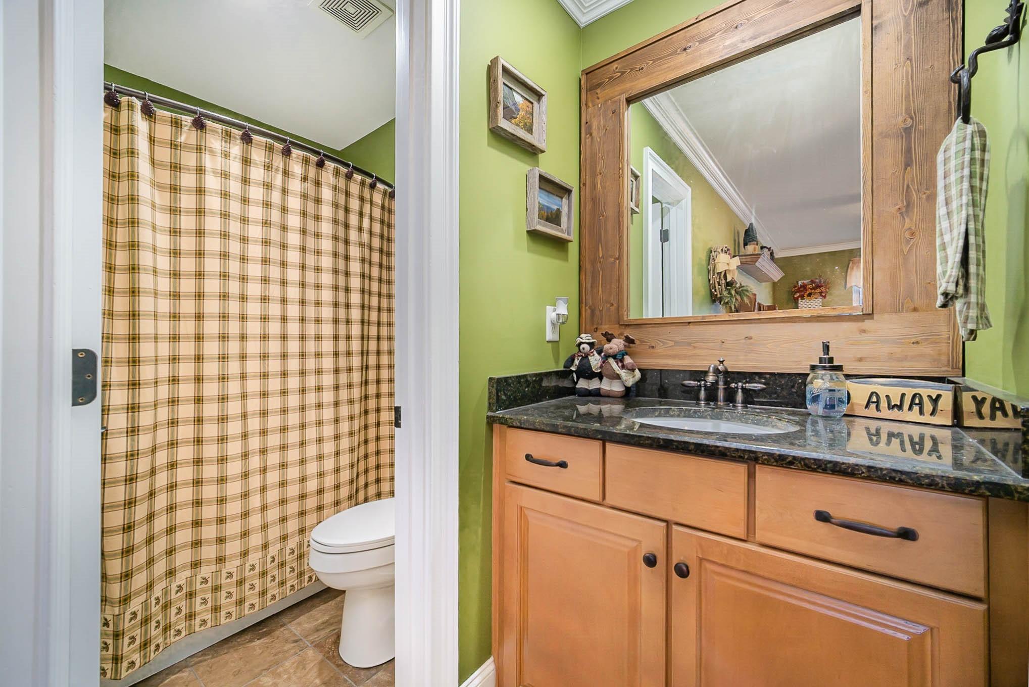 6700 Fox Ridge Circle Davidson, NC 28036 - Photo 31 of 48 a bathroom with a granite countertop toilet a sink a mirror a window and shower