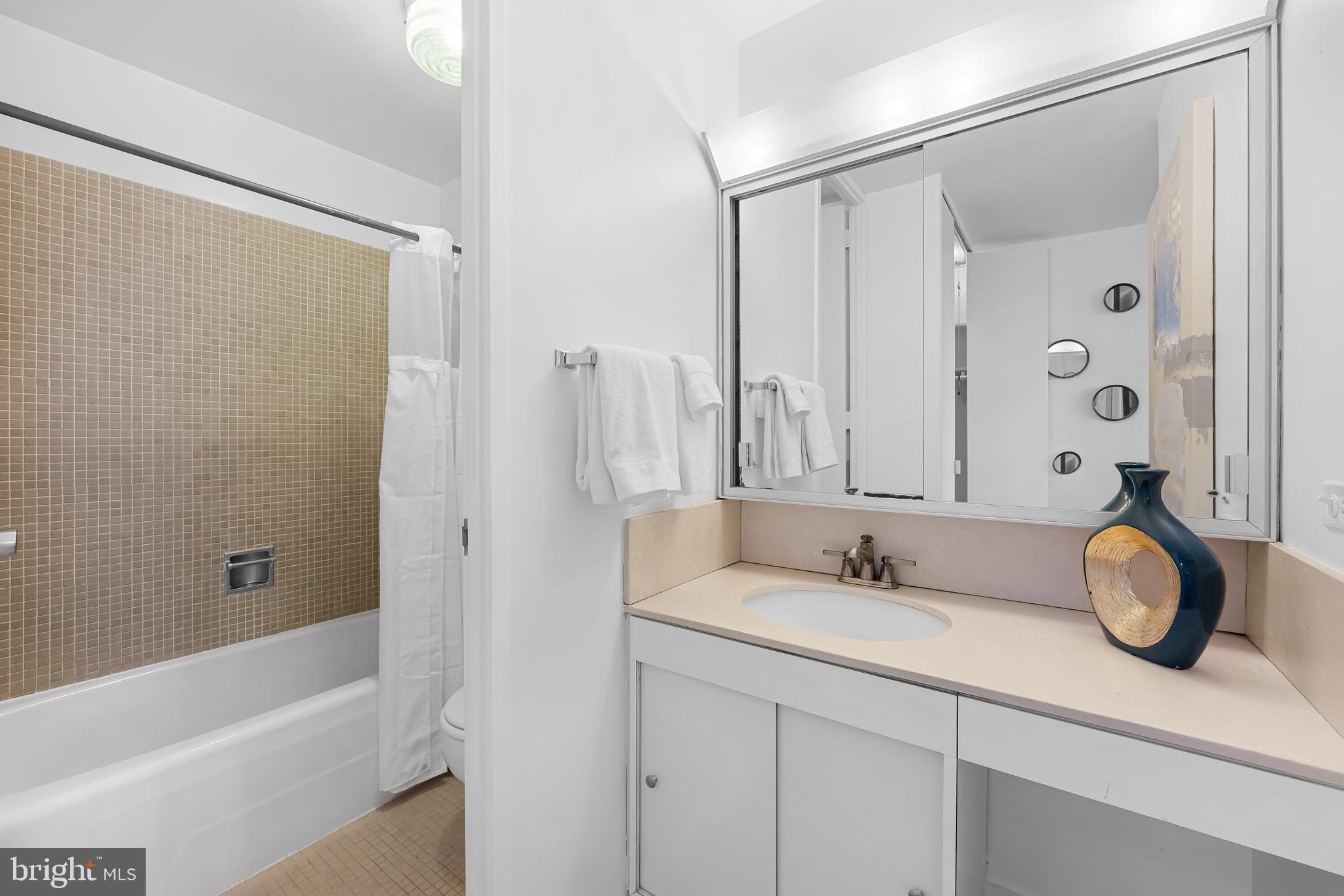 4000 North Charles Street, Unit 1414 Baltimore, MD 21218 - Photo 28 of 45 a bathroom with a tub sink and mirror