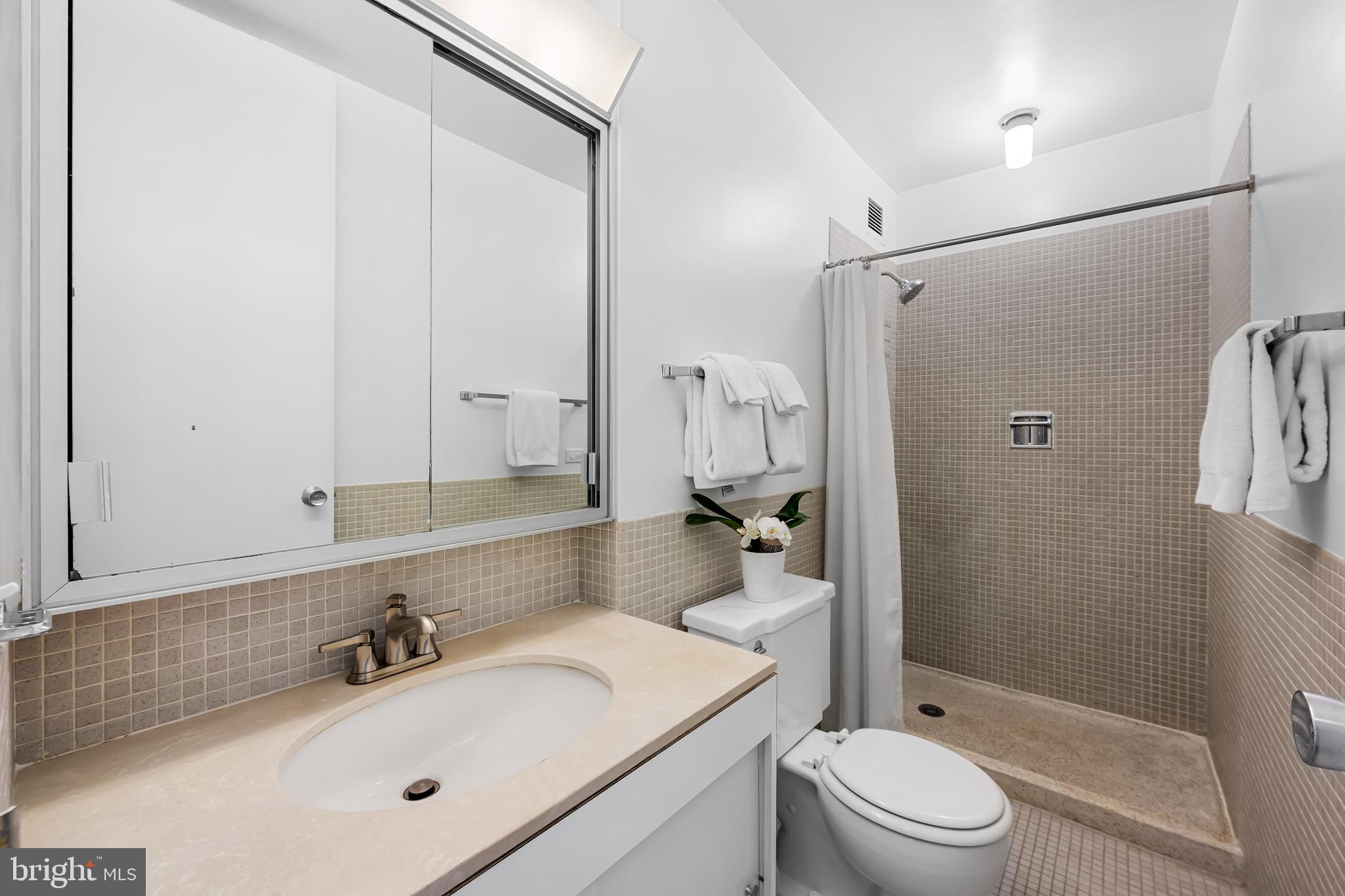 4000 North Charles Street, Unit 1414 Baltimore, MD 21218 - Photo 31 of 45 a bathroom with a sink a toilet and shower