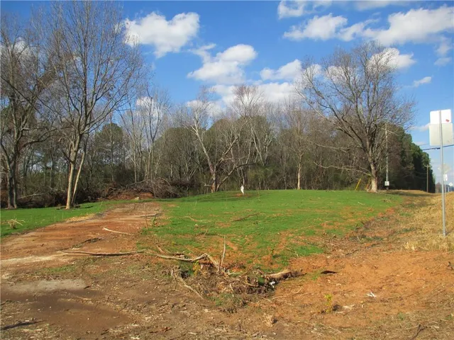 a view of a field with a trees in the background