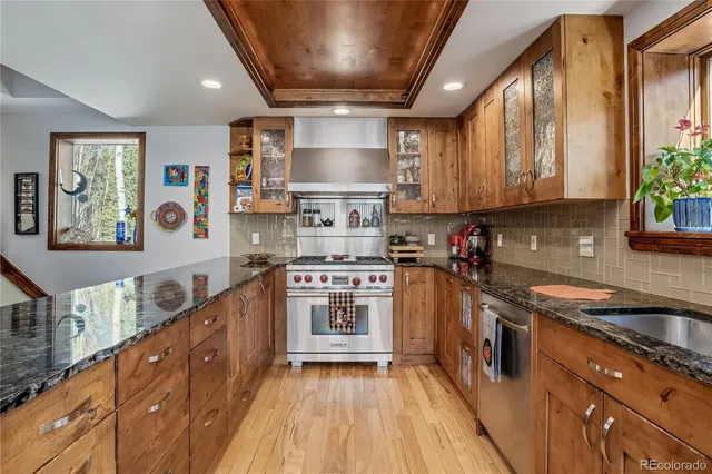 a kitchen with stainless steel appliances granite countertop a stove and a sink