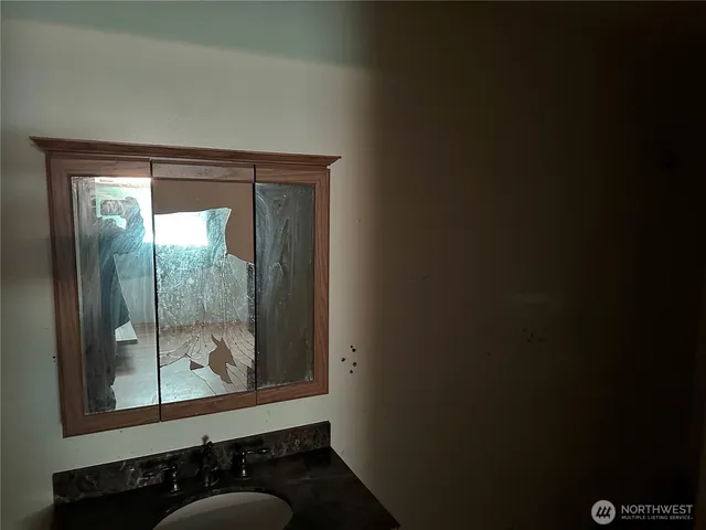 a bathroom with a sink mirror and vanity