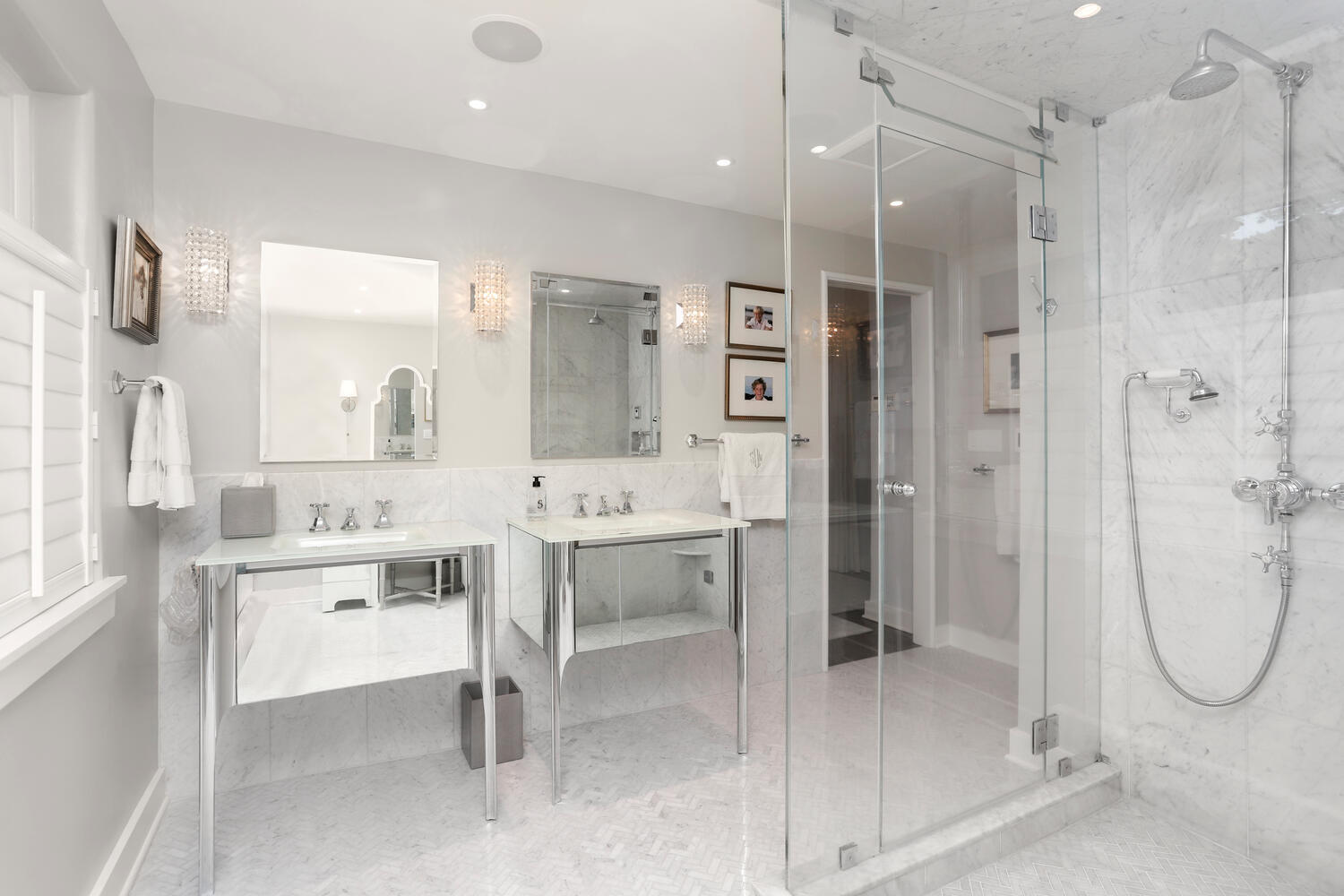 13 Searles Road Darien, CT 06820 - Photo 20 of 35 a bathroom with a double vanity sink mirror and shower