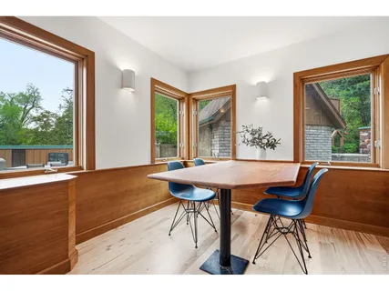 a view of a dining room with furniture window and outside view