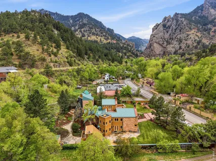 an aerial view of a house with a garden