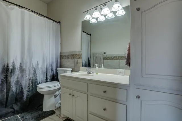 a bathroom with a double vanity sink mirror and toilet