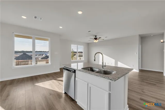 a kitchen with sink and window