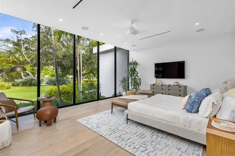 a spacious bedroom with a bed and large windows