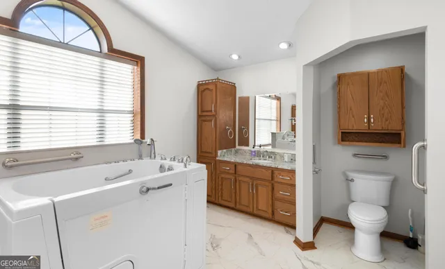 a bathroom with a granite countertop sink toilet and a mirror