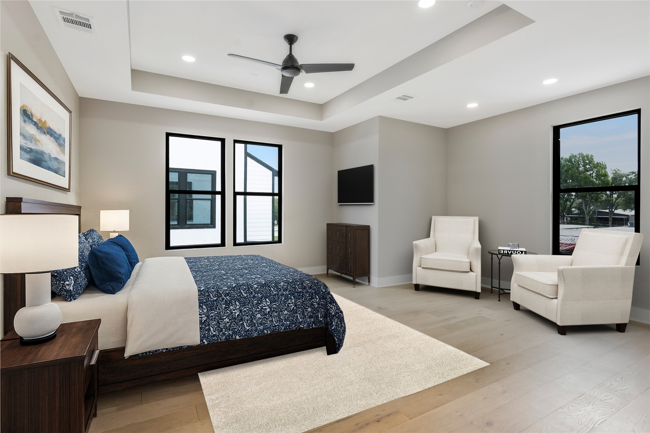 2237 Blalock Road Houston, TX 77080 - Photo 18 of 33 a bedroom with a bed couches and a flat tv screen