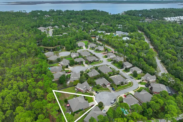 an aerial view of residential houses with outdoor space and trees