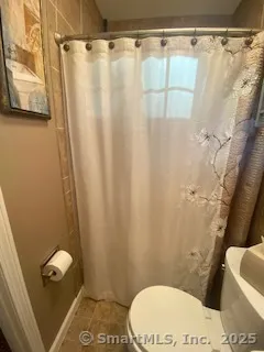 a bathroom with a toilet and a shower curtain
