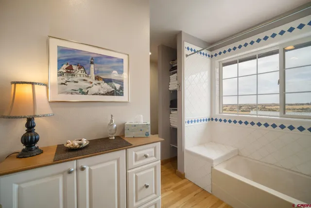 a bathroom with a tub a sink and a window