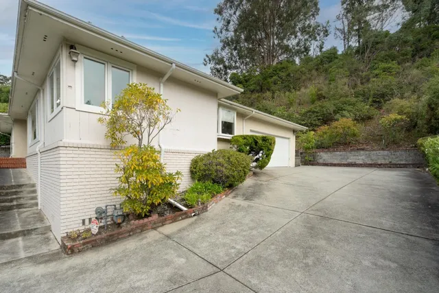 a front view of a house with plants