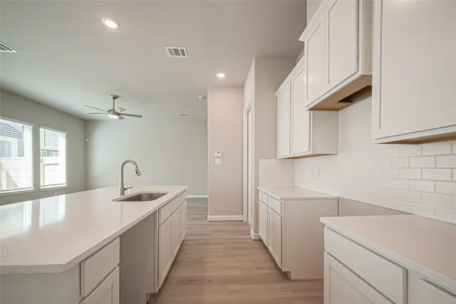 a kitchen with a sink and cabinets
