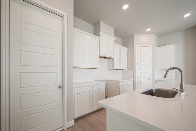 a kitchen with a sink and cabinets