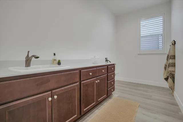 an aerial view of a swimming pool and outdoor space