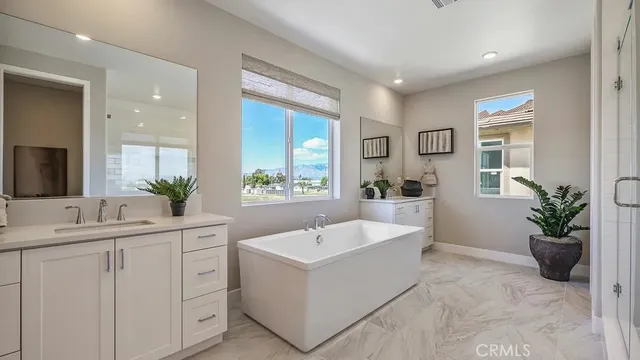 a bathroom with a sink a potted plant and a mirror