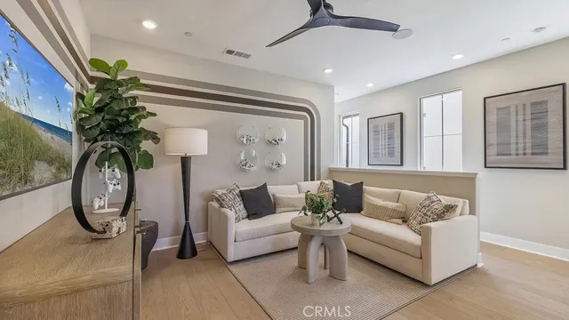 a living room with furniture and a potted plant