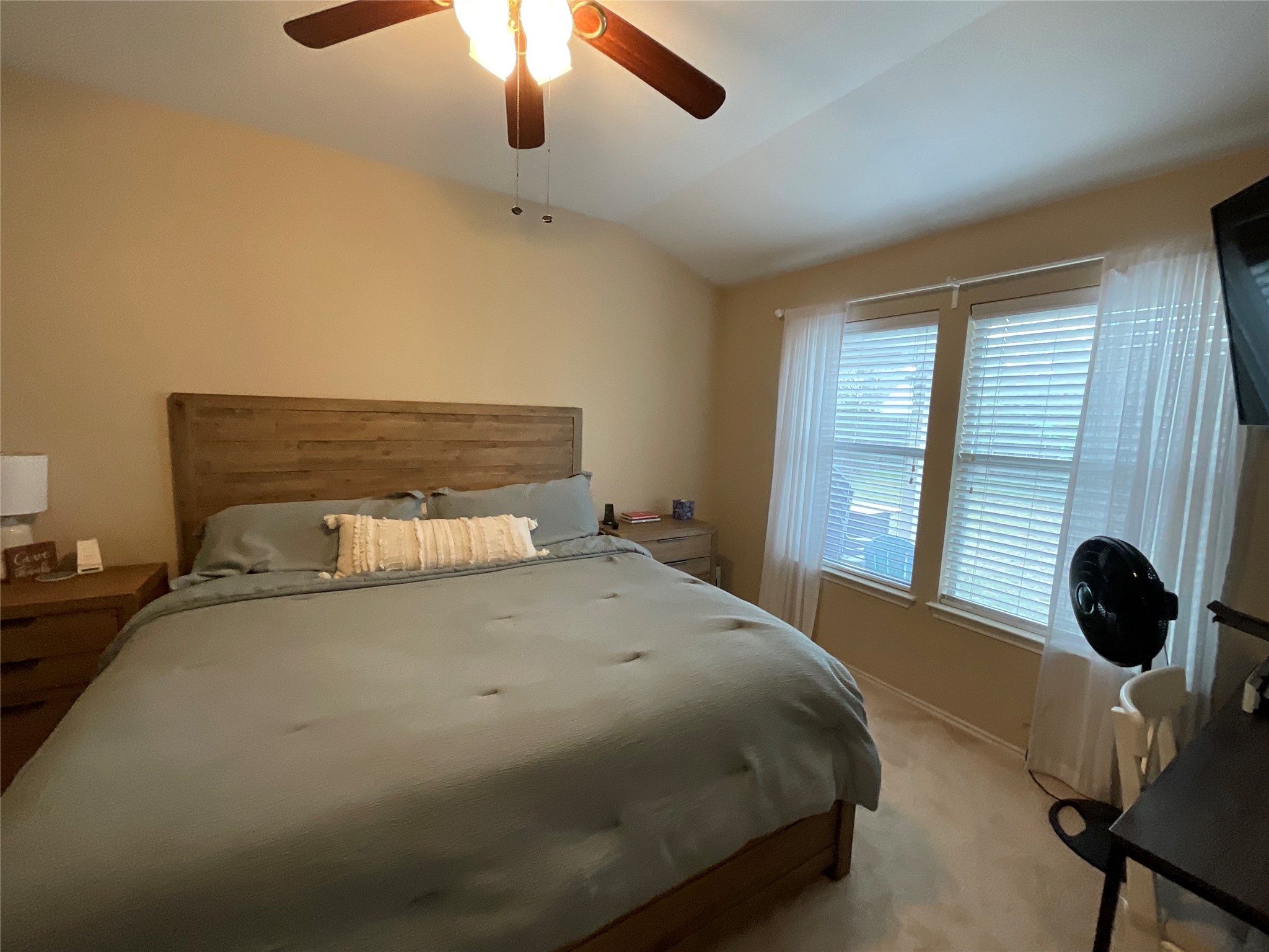14013 Rountree Ranch Lane Austin, TX 78717 - Photo 8 of 19 Bedroom featuring vaulted ceiling, light carpet, and ceiling fan