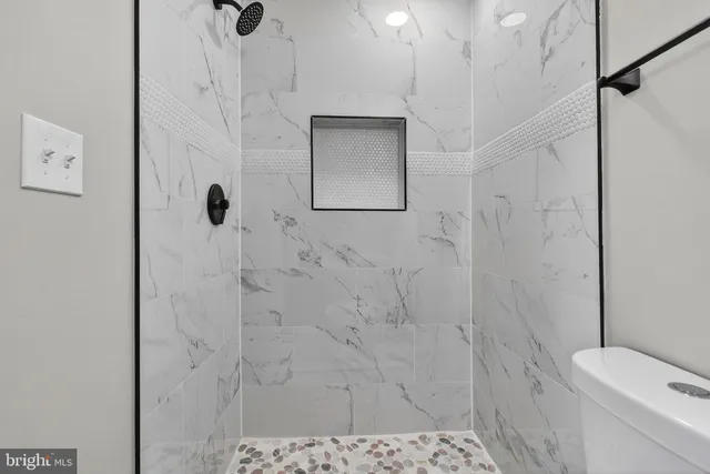 a bathroom with a toilet and a shower