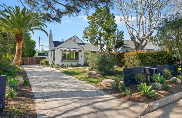 a garden view with a seating space