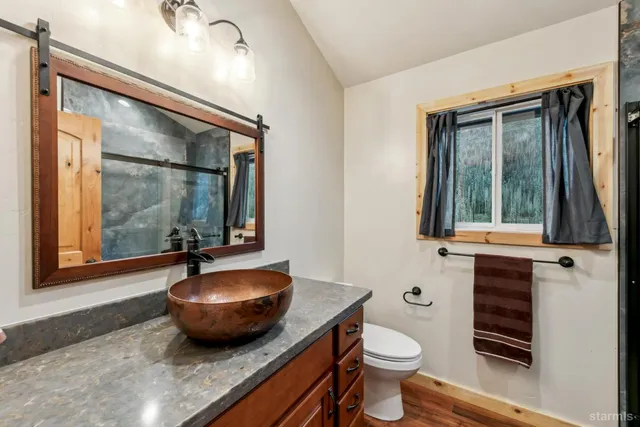 a bathroom with a toilet a sink and mirror