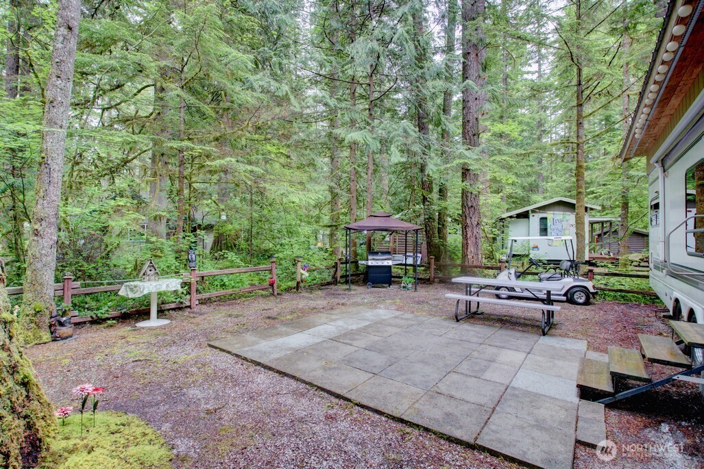 25-1 Goldrush Road Deming, WA 98244 - Photo 10 of 38 a view of a patio with table and chairs potted plants and large tree