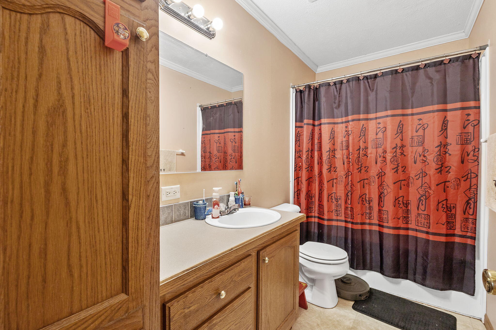 6303 Highway 231 Rensselaer, IN 47978 - Photo 23 of 41 a bathroom with a sink a toilet and shower curtain