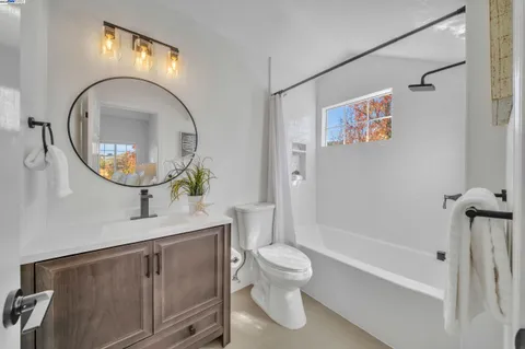 a garden view with a seating space