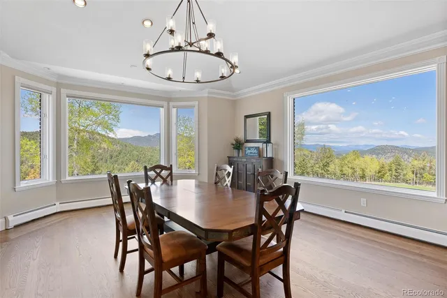 a view of a dining room with furniture window and wooden floor