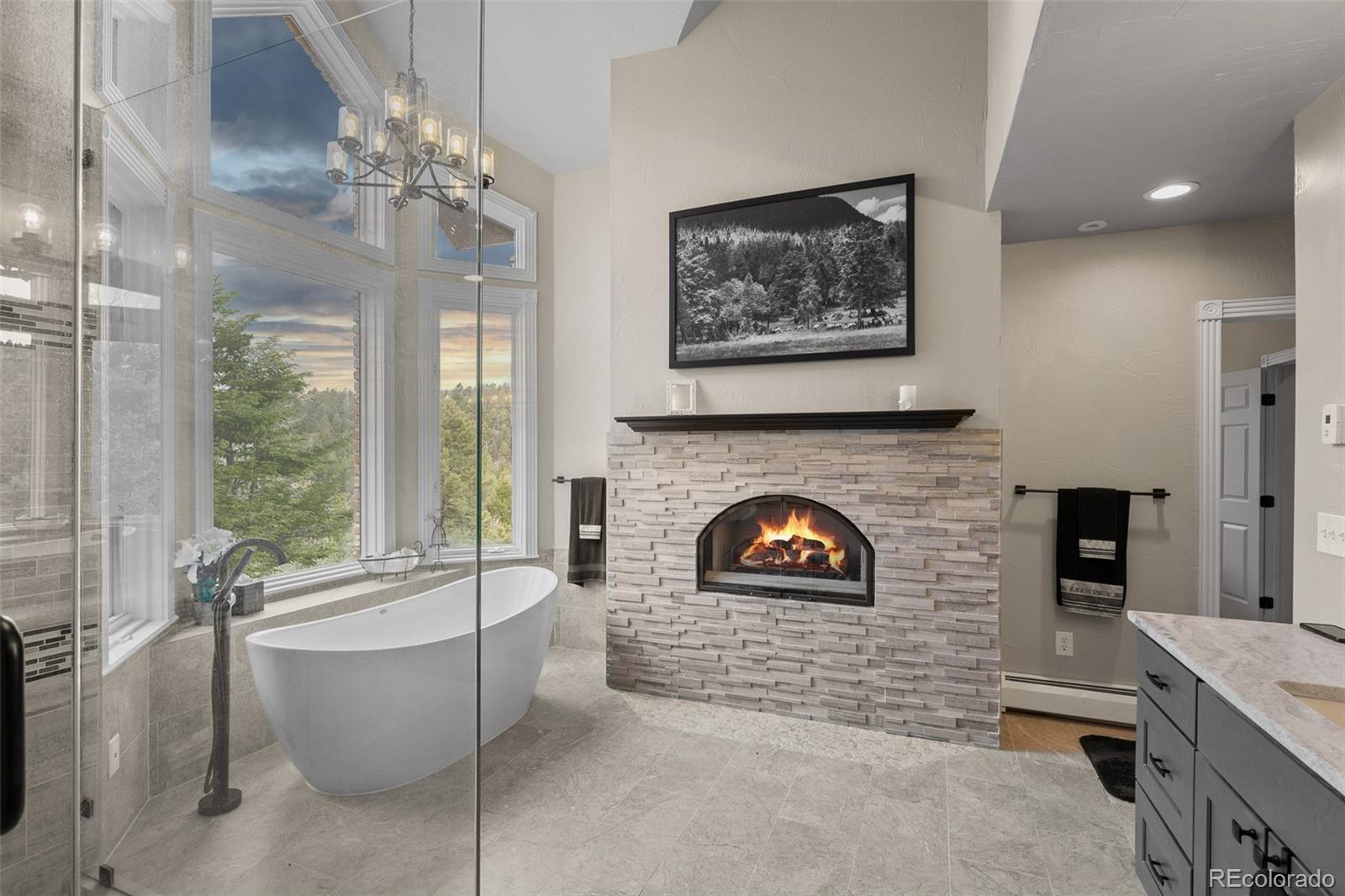 26271 Richmond Hill Road Conifer, CO 80433 - Photo 35 of 50 a living room with furniture and a fireplace