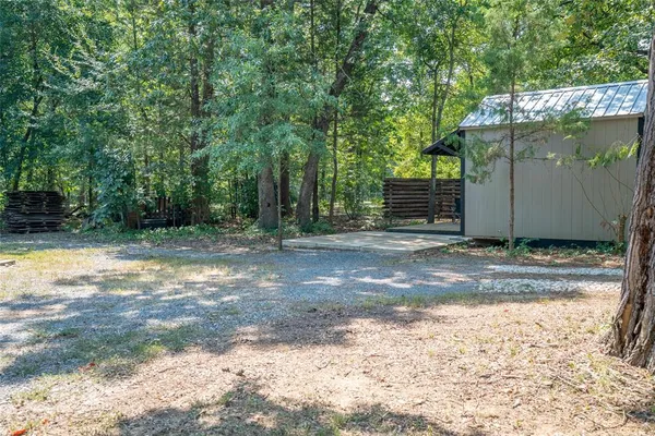 a view of a backyard with large trees and wooden fence