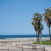 a view of an ocean and a building